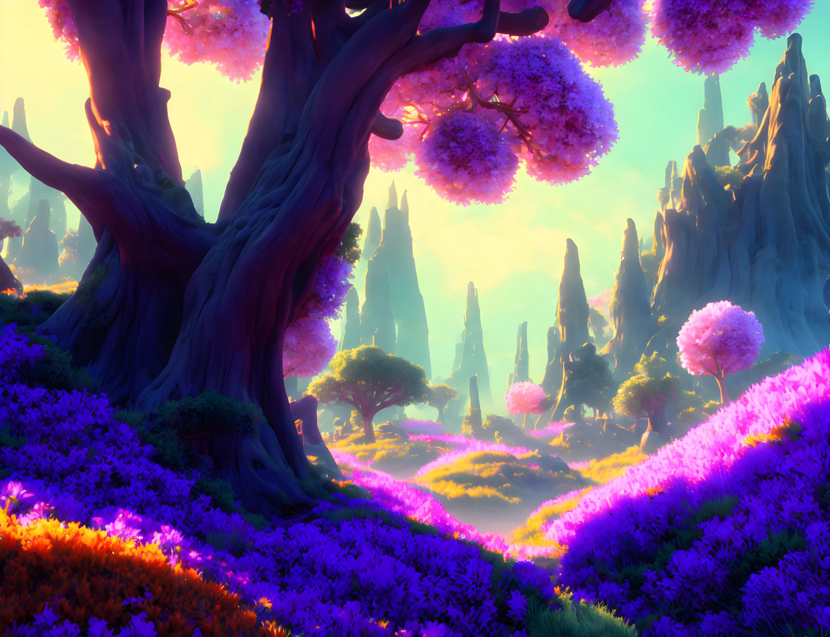 Colorful fantasy landscape with purple foliage, towering pink trees, and glowing sky
