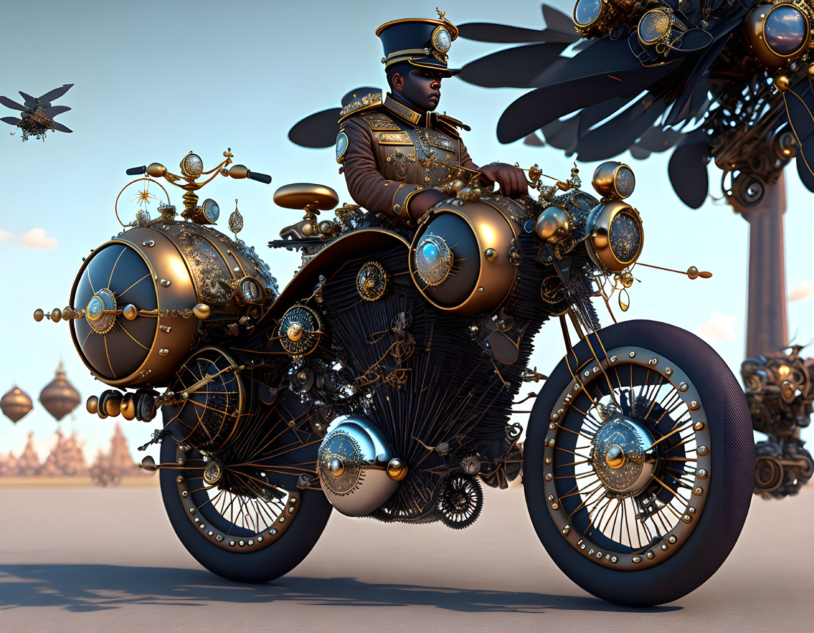 Steampunk Art: Man in Victorian Attire on Mechanical Motorcycle