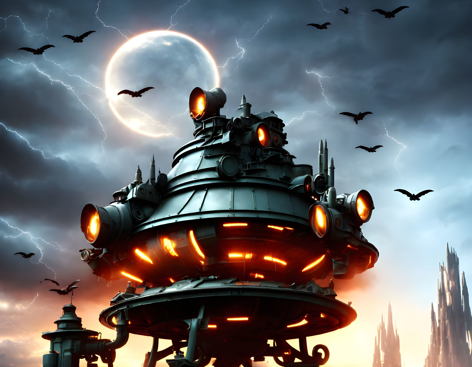 Futuristic tower with glowing orange lights under a full moon in a dark, ominous sky