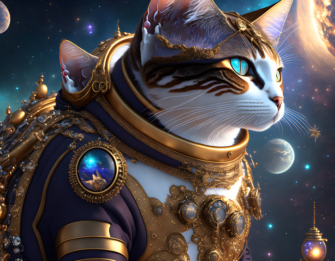 Armored cat with celestial-themed gear on cosmic background