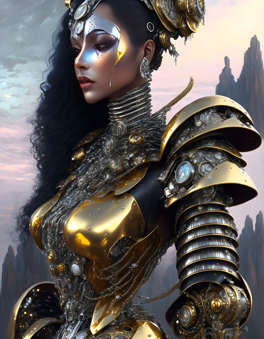 Digital art portrait of woman in futuristic armor with black hair against mountain backdrop