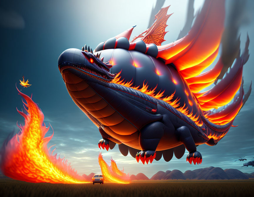 Gigantic fiery dragon dwarfs car in dramatic landscape