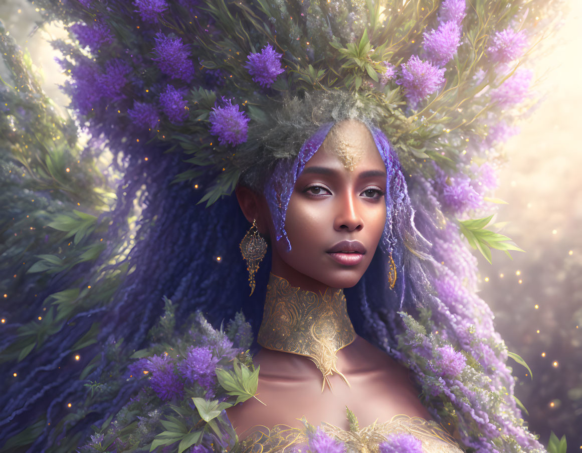 Mystical woman with purple floral adornments and golden makeup in serene setting