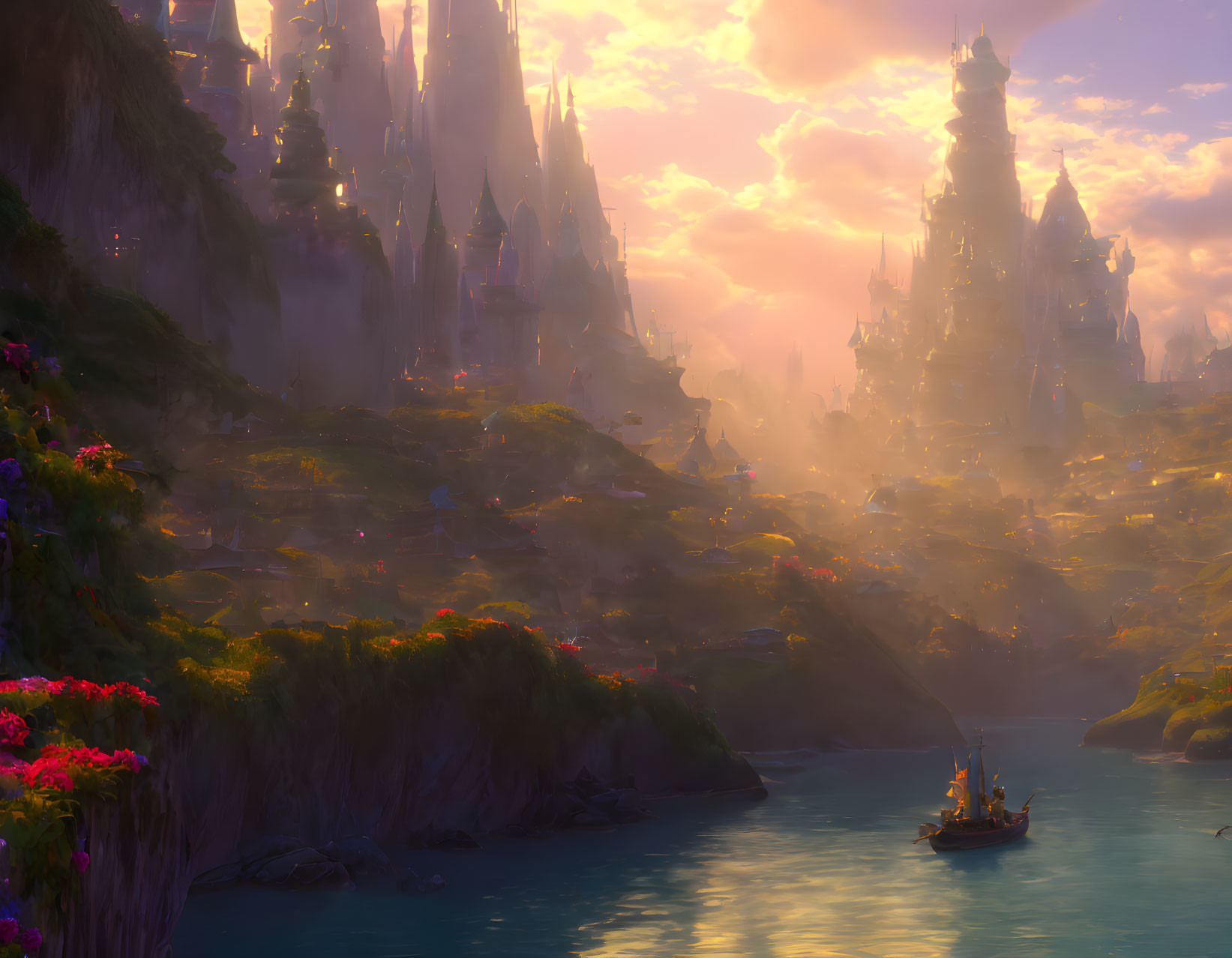 Mystical sunset landscape with towering spires and serene river