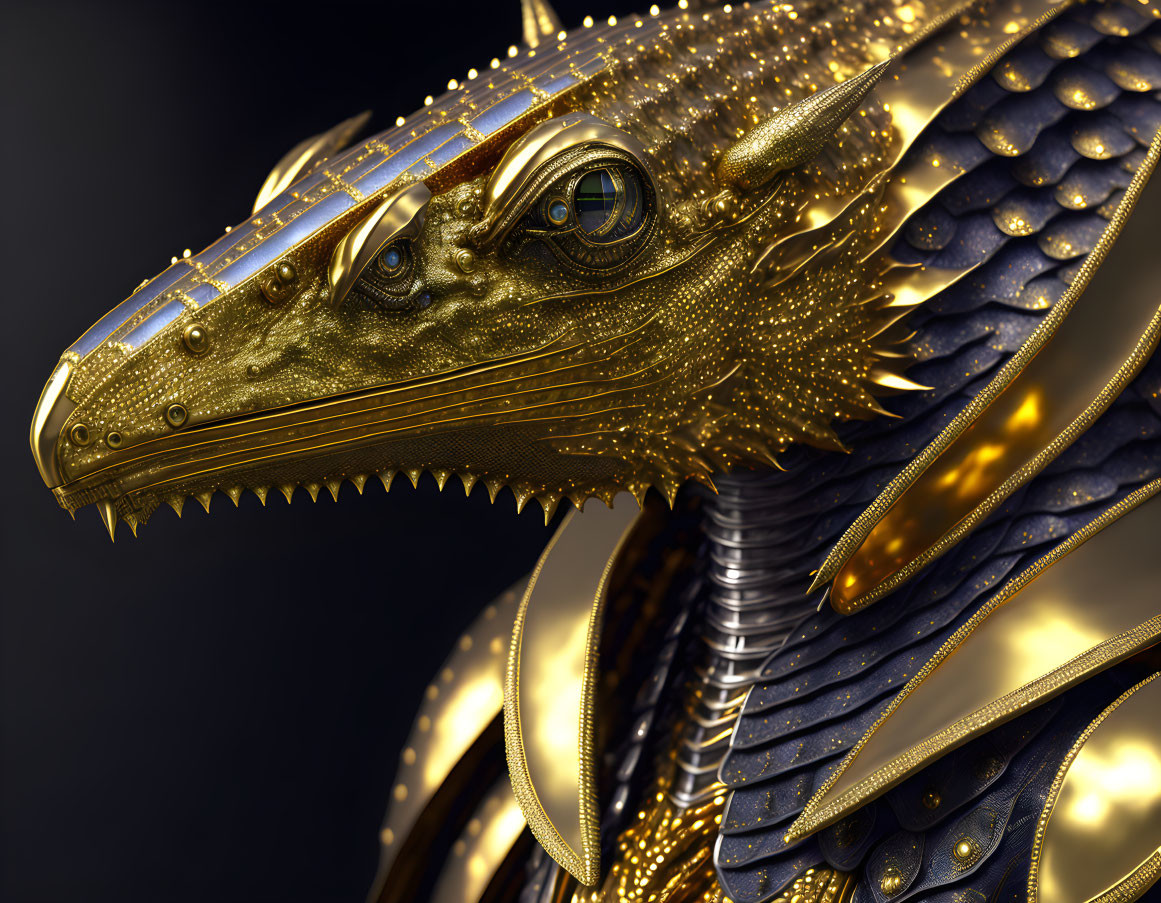 Detailed metallic dragon sculpture with golden accents and intricate textures on dark background
