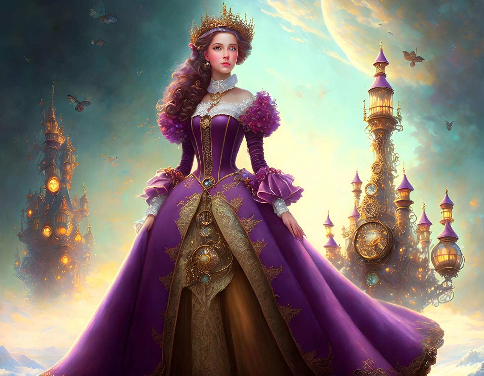 Regal lady in ornate purple gown before fantastical floating city.