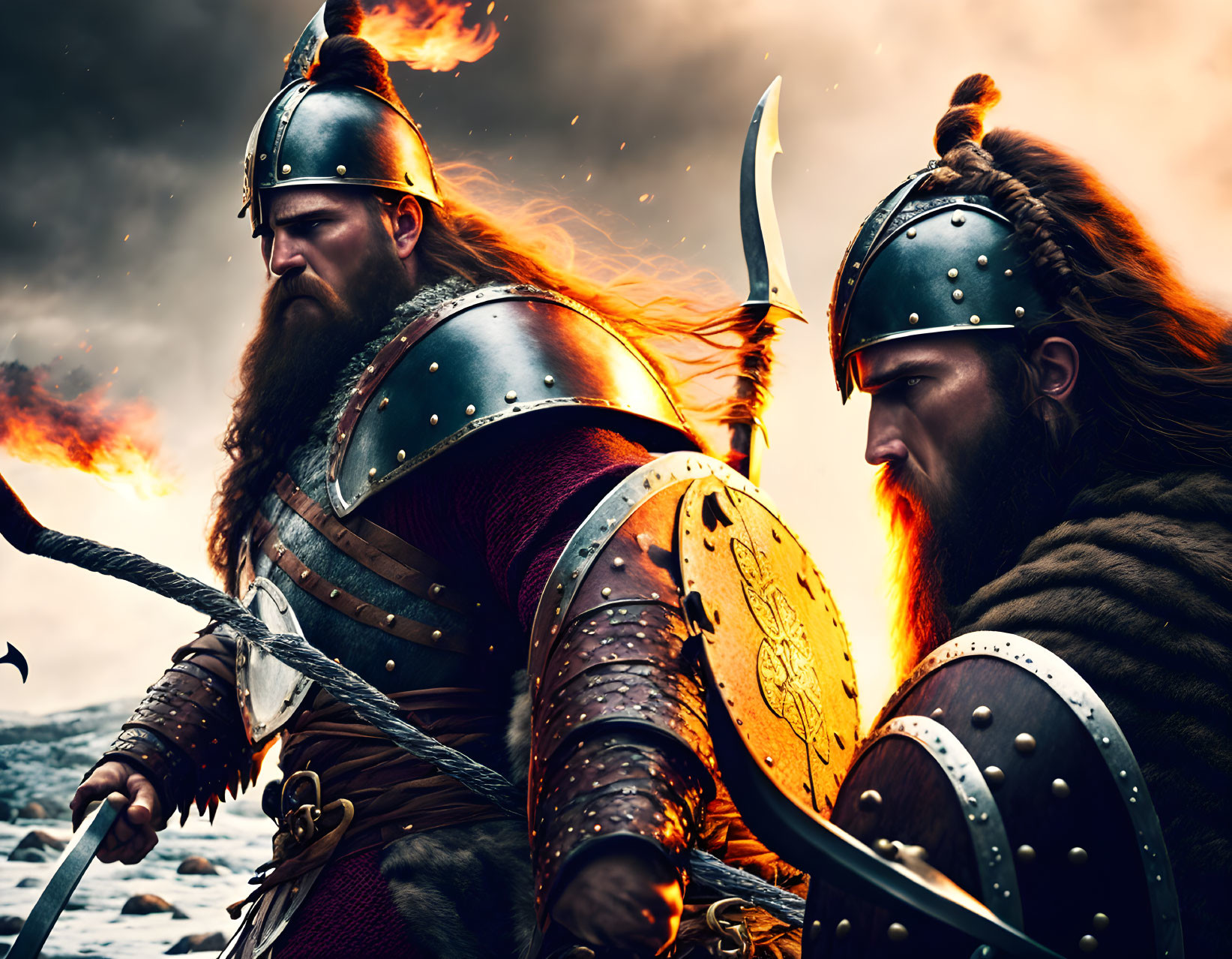 Viking warriors in armor facing stormy sky and flames
