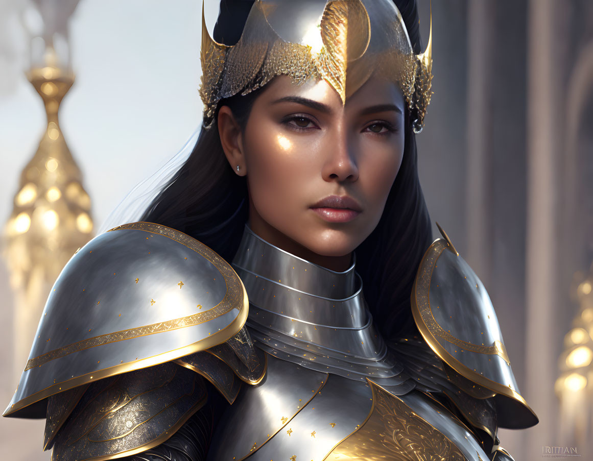 Woman in Silver and Gold Armor with Regal Helmet Portrait