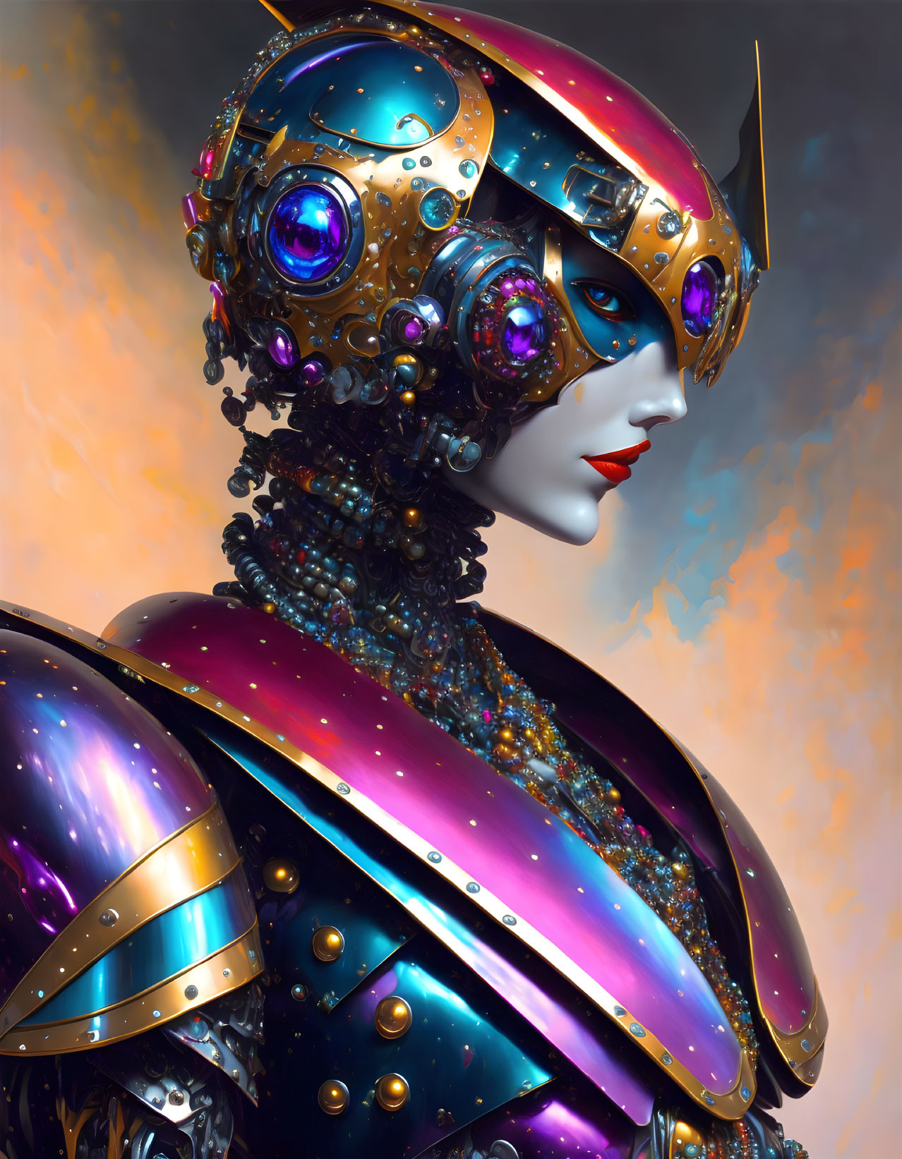 Detailed Female Robot in Colorful Futuristic Armor