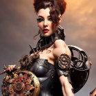 Steampunk female character with intricate mechanical hairstyle and colorful rose bouquet