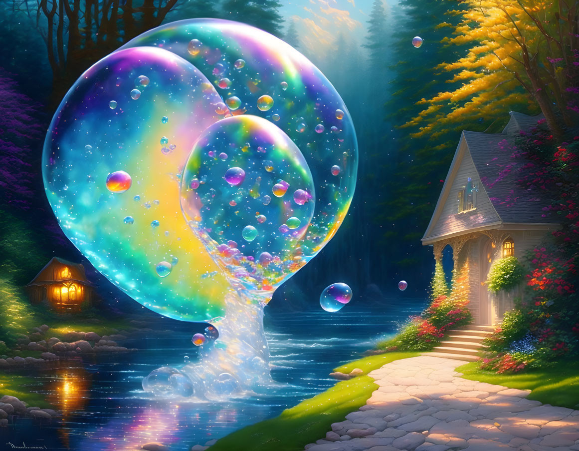Iridescent bubble floating by serene stream and quaint cottage in vibrant forest