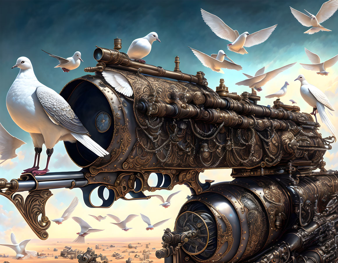 Steampunk-style cannon with intricate decorations amidst flying doves in cloudy sky