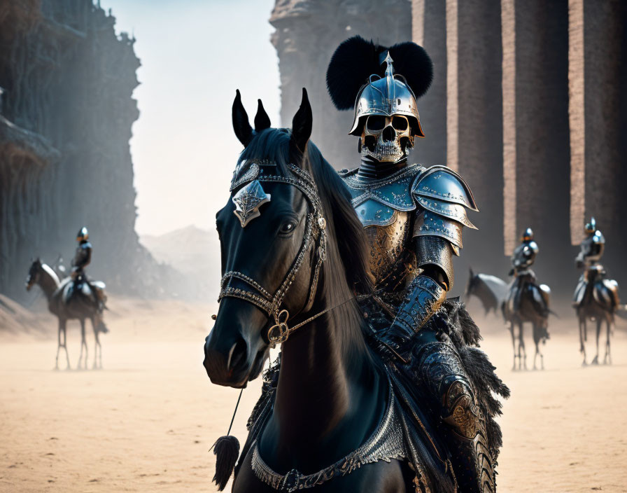 Armored knights on horseback in desert landscape