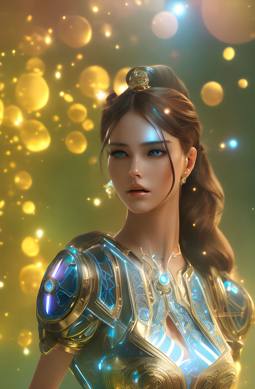 Digital artwork: Woman in futuristic armor with blue eyes, glowing elements, and golden orbs.