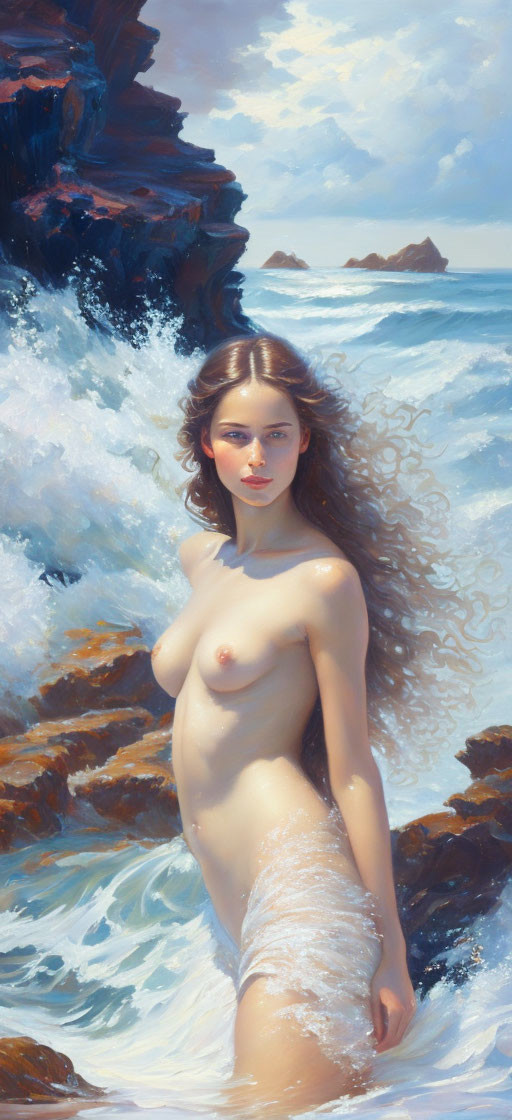 Nude woman in sea by rocky cliffs with crashing waves