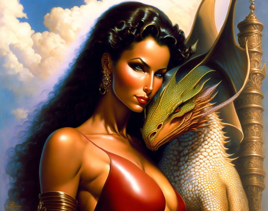 Dark-haired woman gazes at golden dragon under cloudy sky