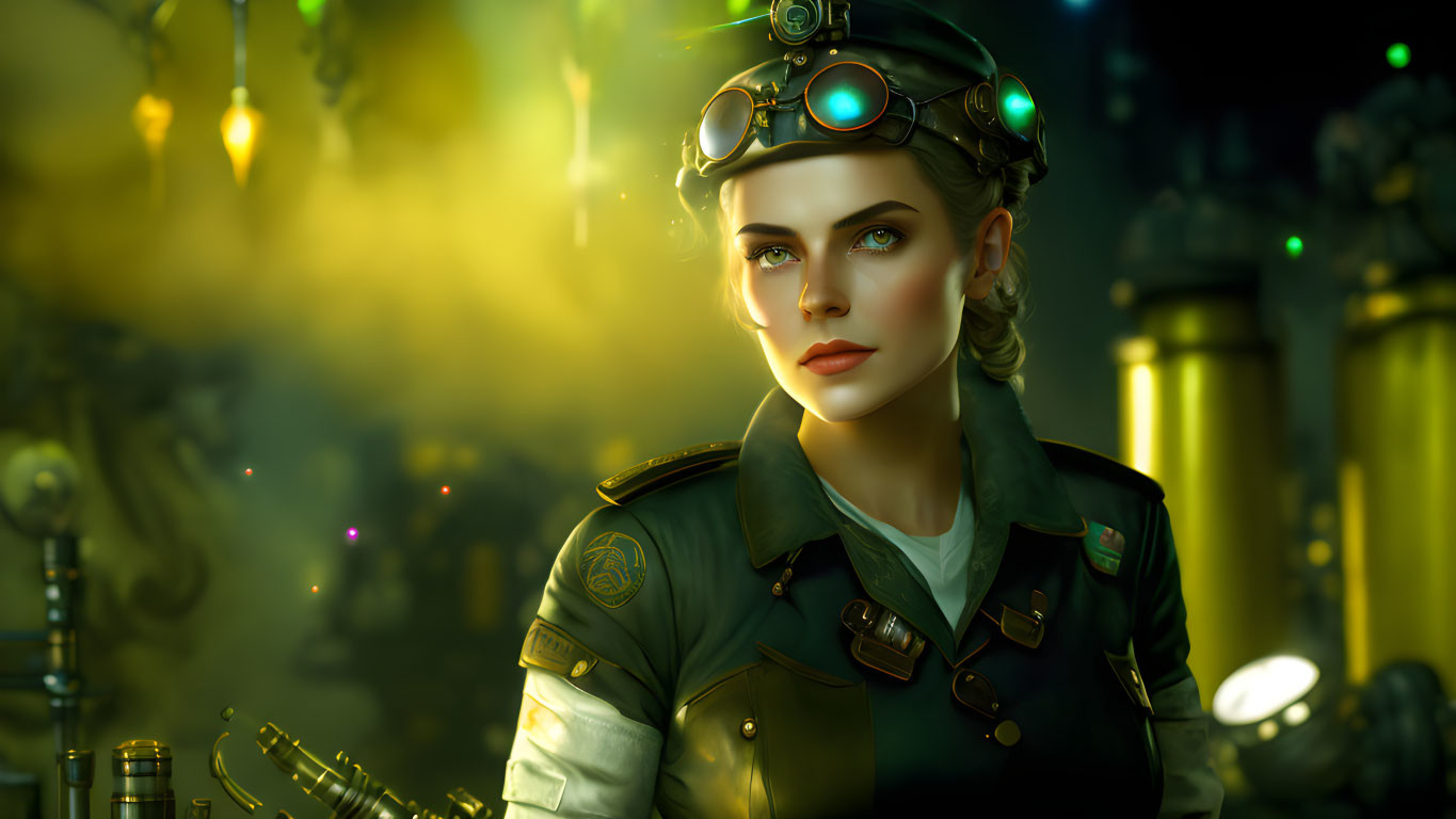 Steampunk-themed digital artwork featuring a woman in unique attire against mechanical backdrop