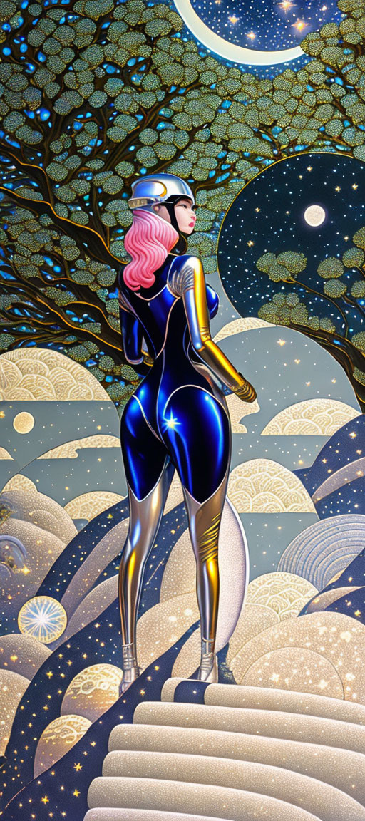 Futuristic woman in bodysuit on patterned landscape under crescent moon