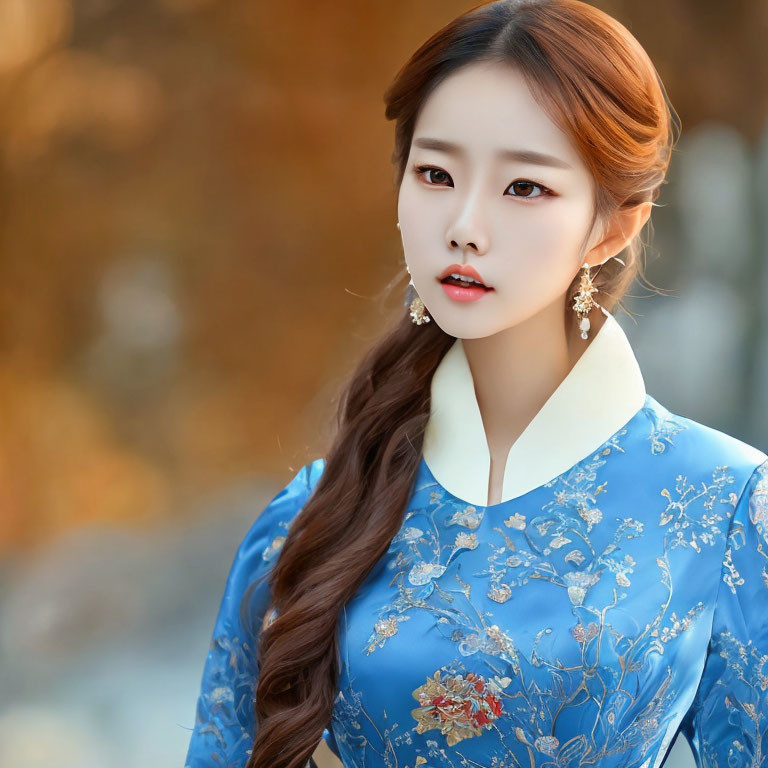 Traditional Blue Korean Hanbok with White Collar Posing in Front of Autumn Leaves