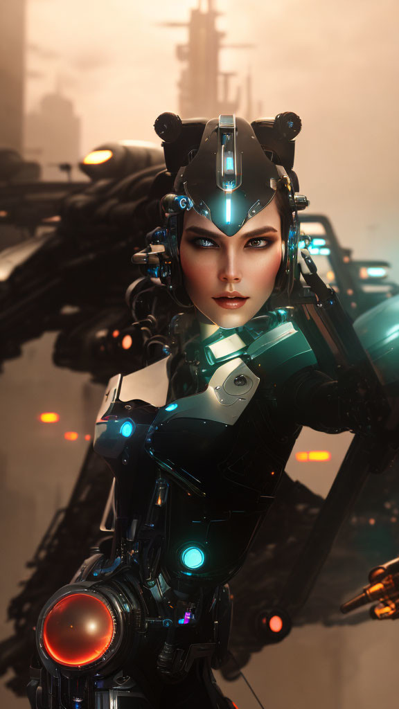Futuristic female android in black suit with blue accents, helmet, cityscape & hover vehicles