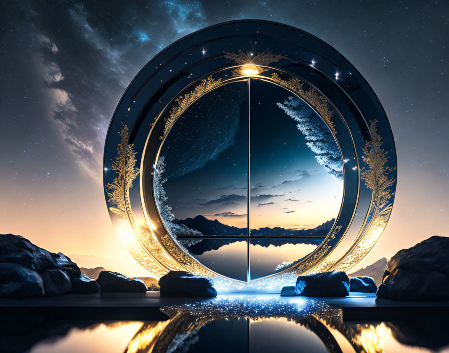Futuristic circular portal with ornate designs in starry night sky reflection