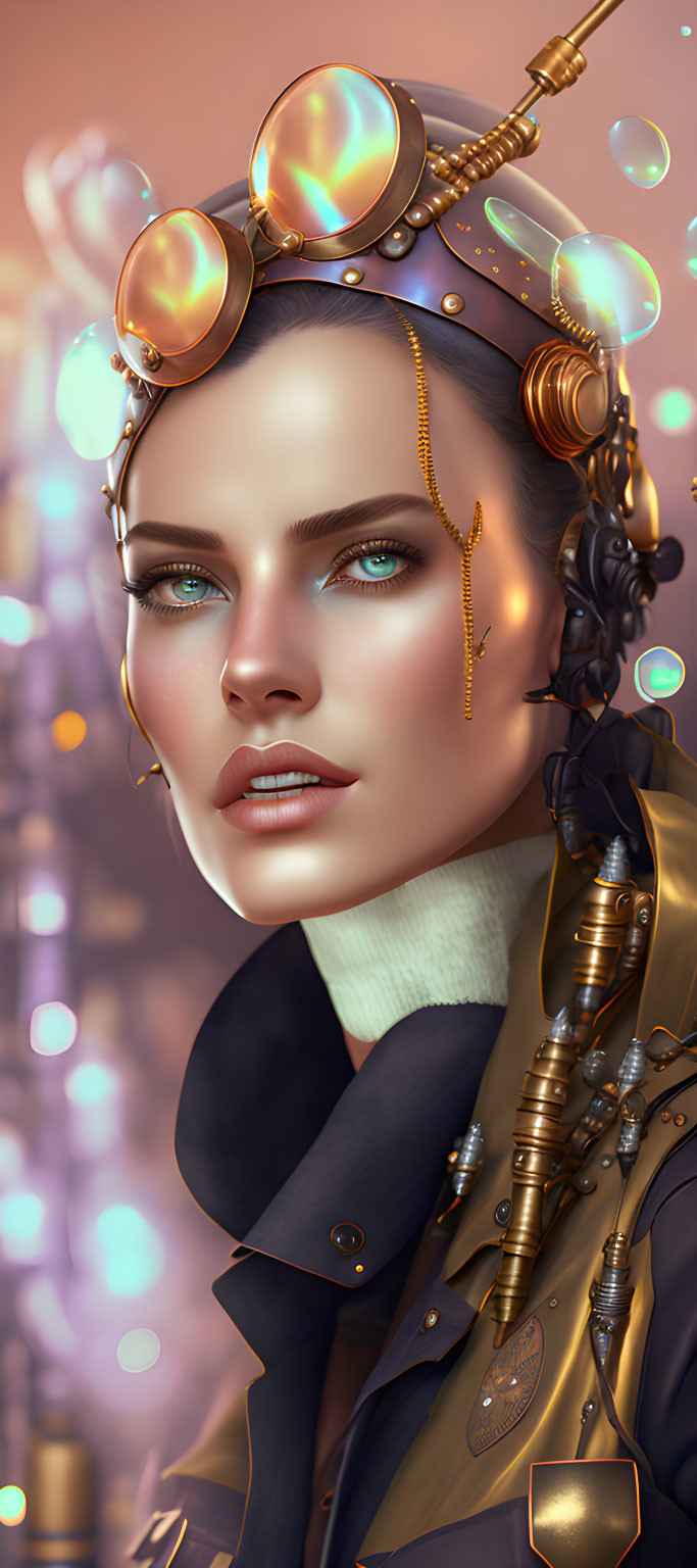 Digital portrait of a woman with steampunk goggles, mechanical details, and floating bubbles in warm,