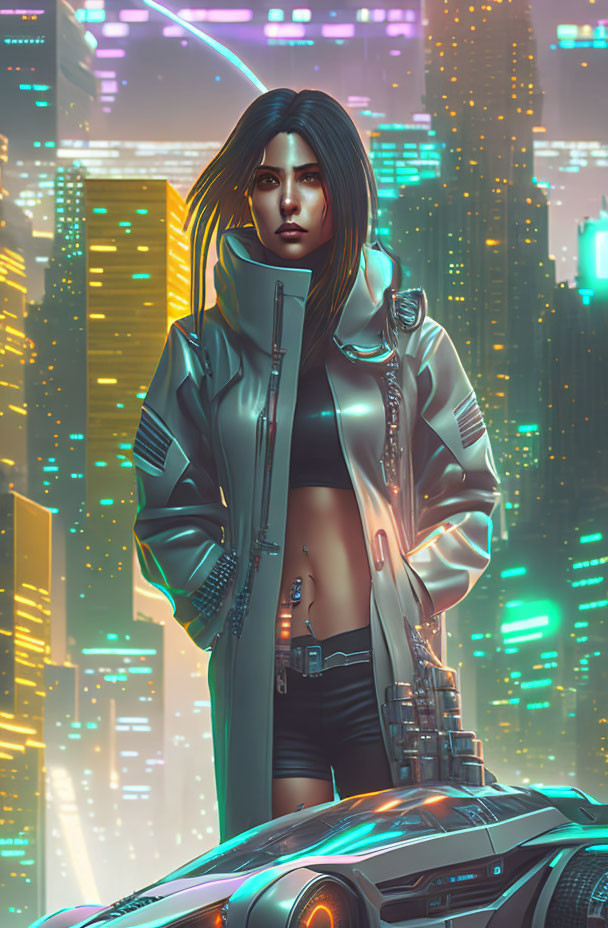 Digital illustration of woman with long dark hair in futuristic jacket on vehicle in neon-lit cityscape
