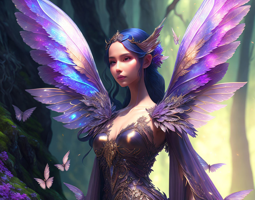 Fantasy digital art: Female character with butterfly wings in enchanted forest