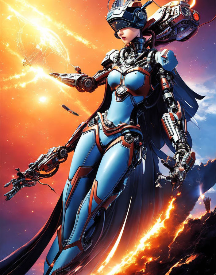 Futuristic female robot in blue armor on fiery battlefield