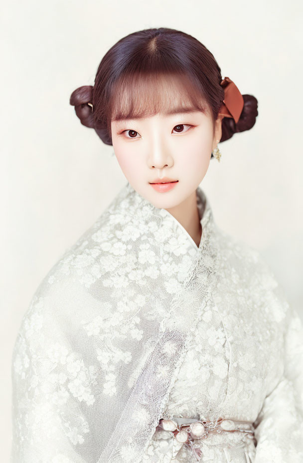 Traditional East Asian Woman in White Floral Hanbok
