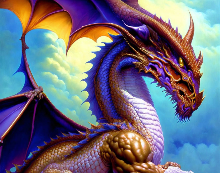 Blue and Gold Dragon with Spread Wings in Dreamy Sky