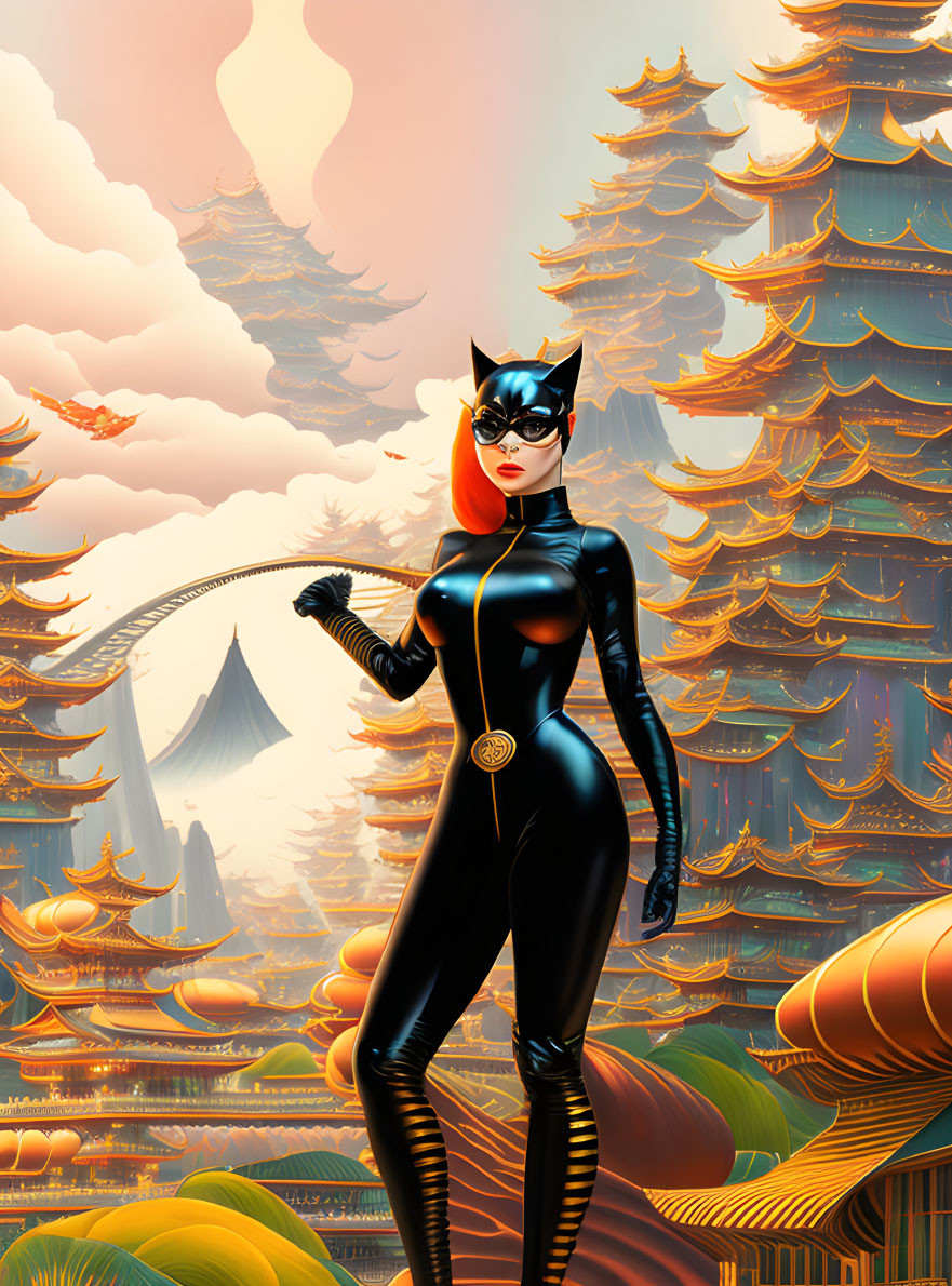 Stylized Catwoman illustration with whip in autumnal setting