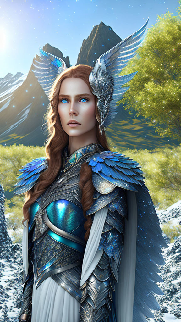 Fantastical female character with blue eyes and long hair in metallic winged headgear and armor against