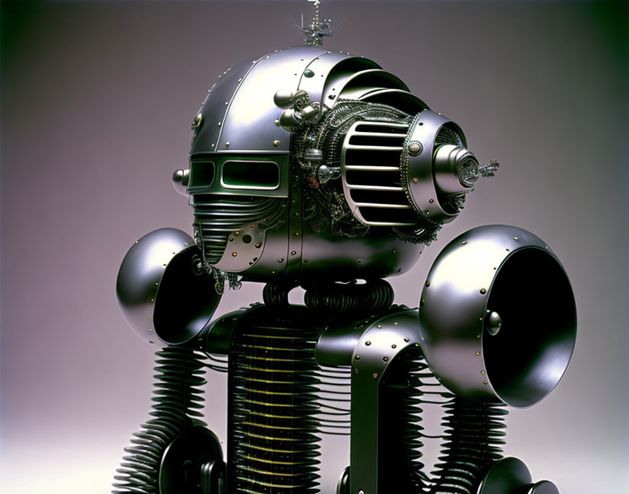 Metallic robot with spherical body, cylindrical arms, coiled springs, and gear-adorned helmet