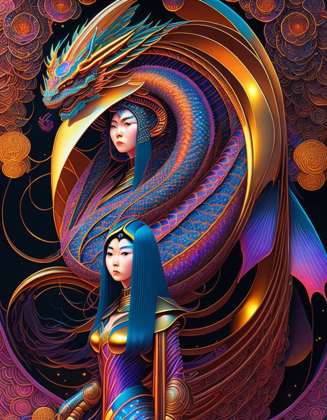Colorful Asian-inspired artwork with two women, dragon, and swirling patterns