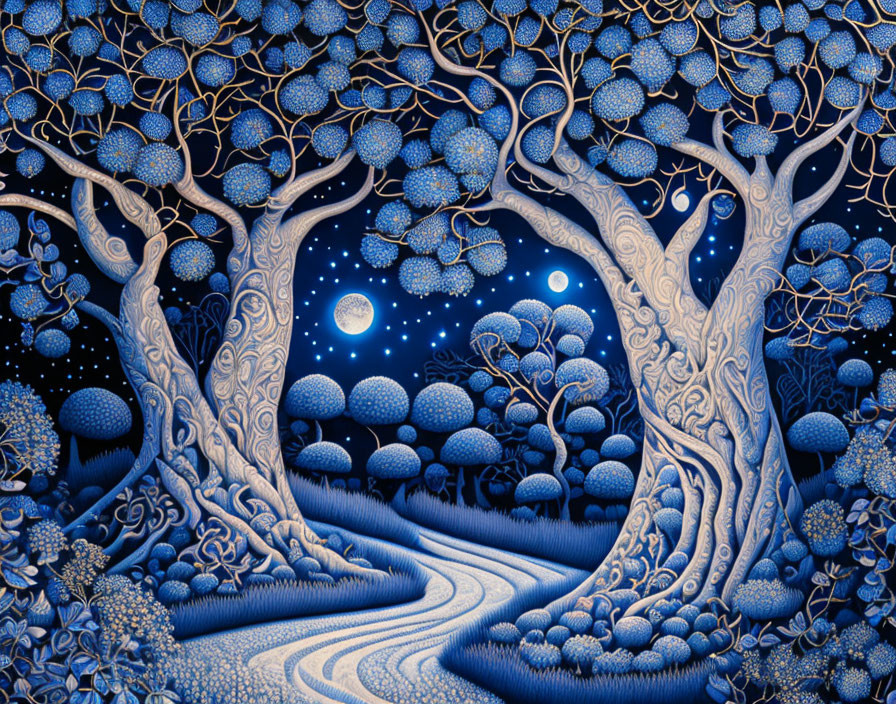 Stylized blue and black forest painting with moonlit path