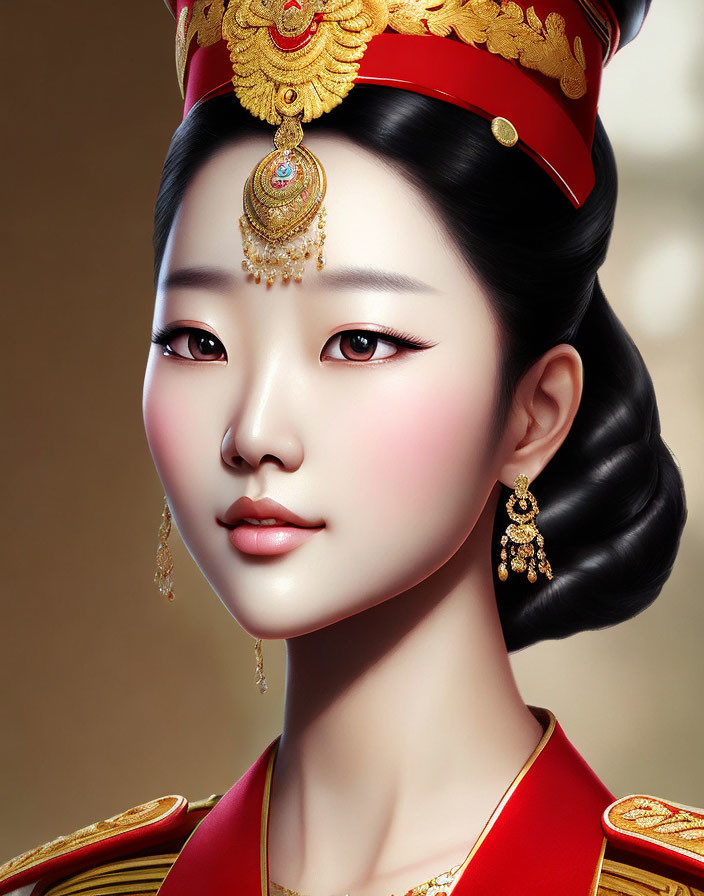 Asian woman in regal attire with gold jewelry and headdress - 3D rendered portrait