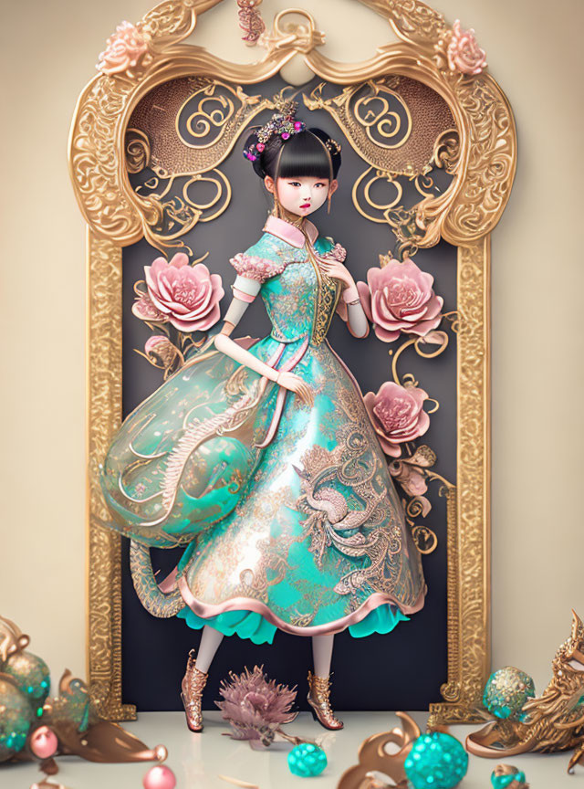 Illustrated character in turquoise dress with dragon motifs in golden floral frame