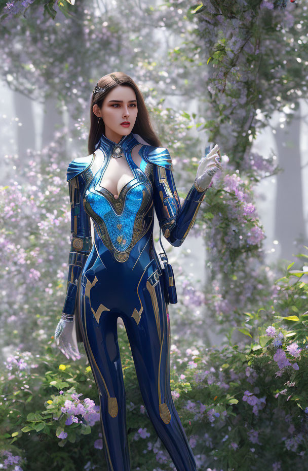 Woman in Blue and Gold Bodysuit Surrounded by Blossoming Flowers
