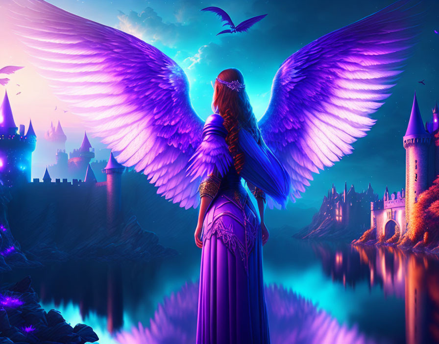 Person with large blue wings overlooking magical purple landscape with castles, river, and flying creatures at twilight