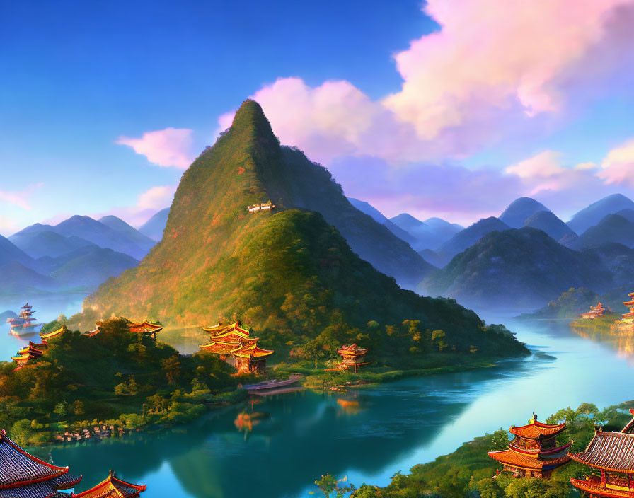 Scenic Asian landscape with river, pagodas, mountains, and sky