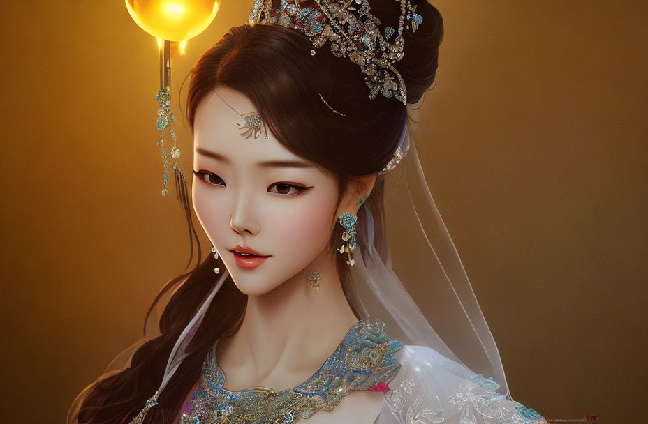 Traditional Asian royal attire portrait with lantern and delicate jewelry
