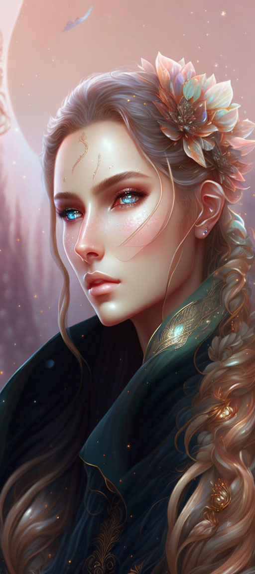 Fantasy portrait of woman with braided hair and gold facial markings in celestial setting