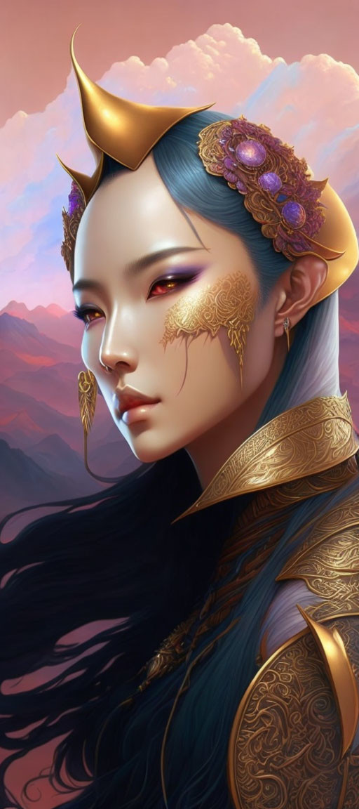 Regal woman with golden horns and tattoos against mountain backdrop