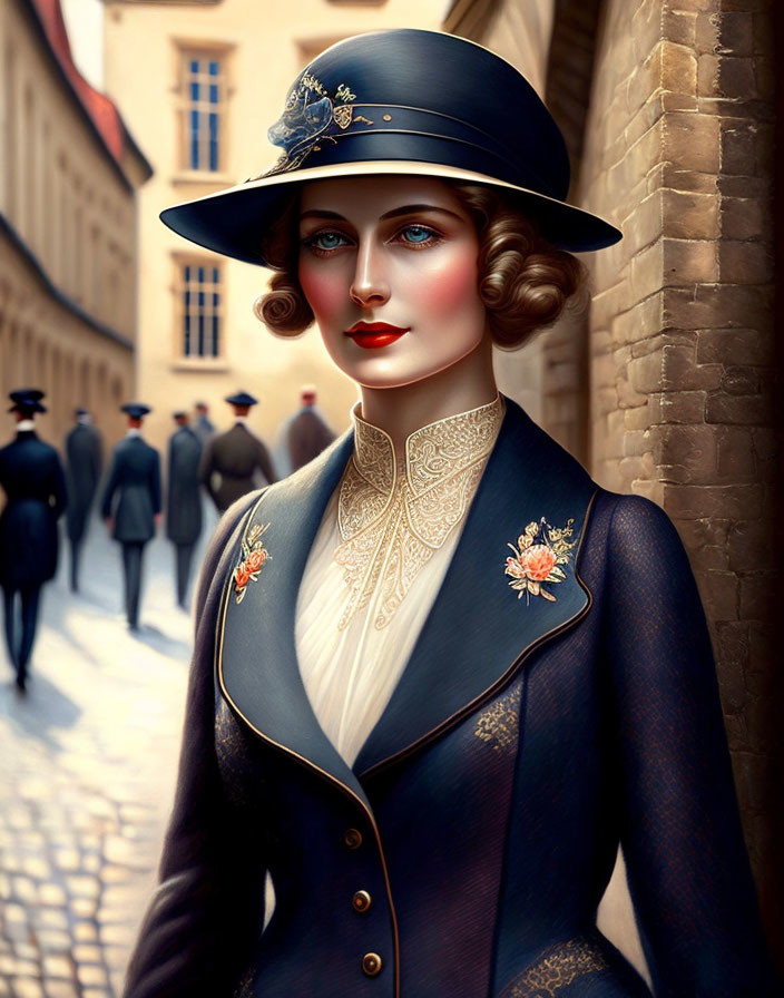 Woman with styled hair and hat in navy jacket with floral details on vintage street.