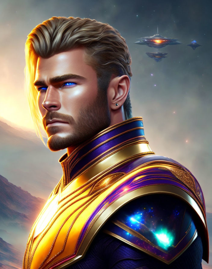 Futuristic male character with stylized beard in advanced armor against alien sky.