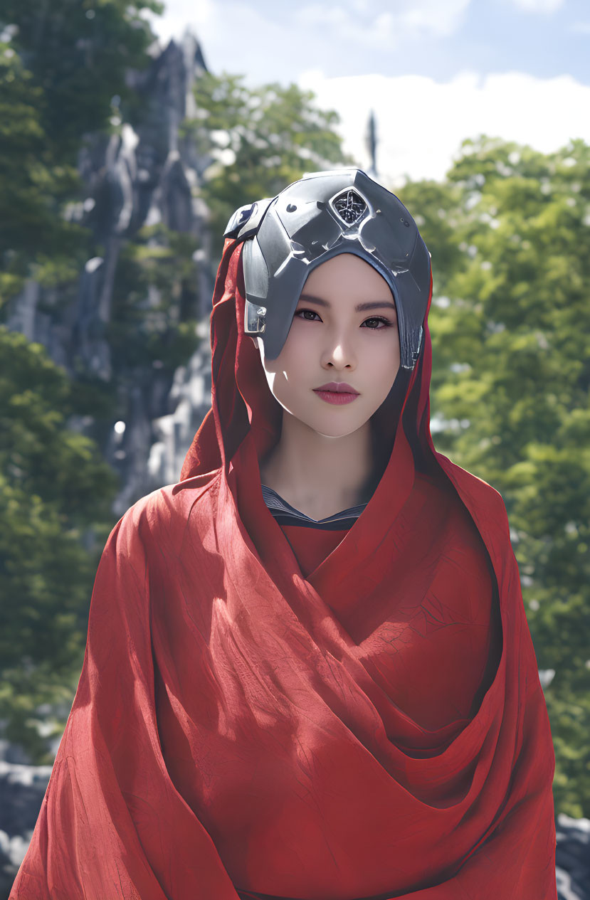 Fair-skinned woman in metallic helmet and red cloak against scenic backdrop