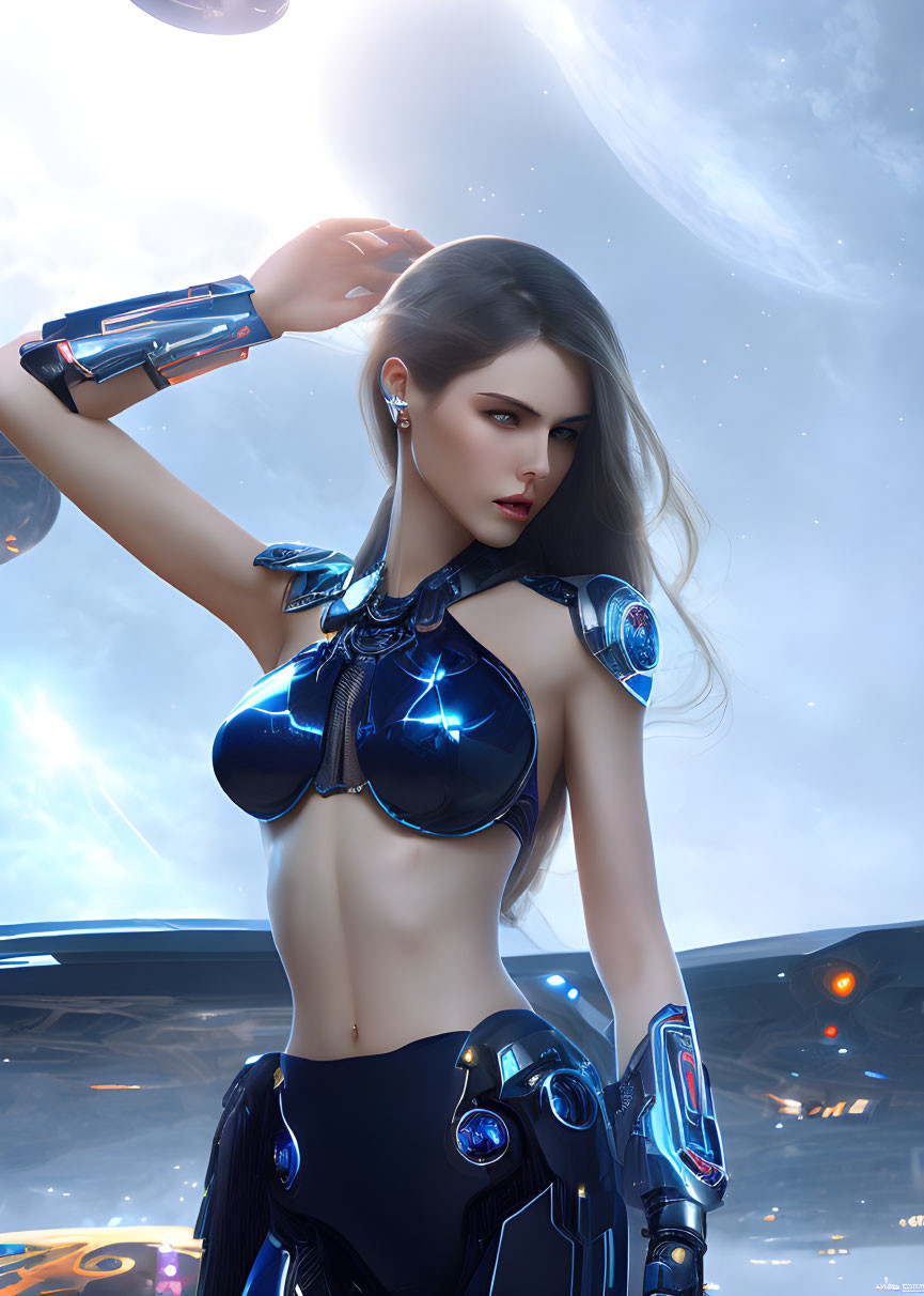 Futuristic female cyborg with advanced armor and mechanical limbs under bright sky