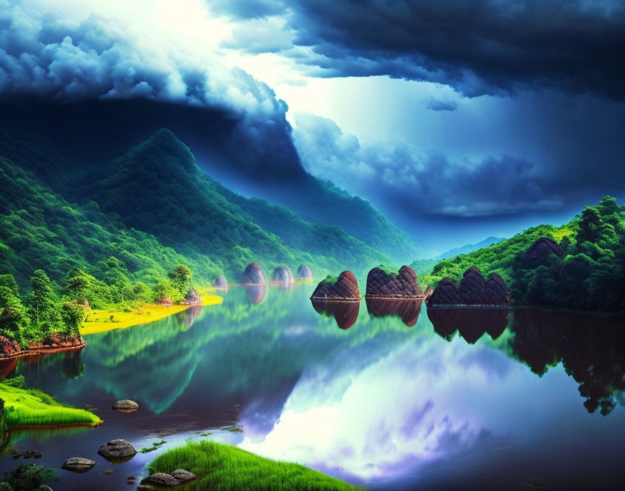 Tranquil river landscape with green hills and dramatic sky