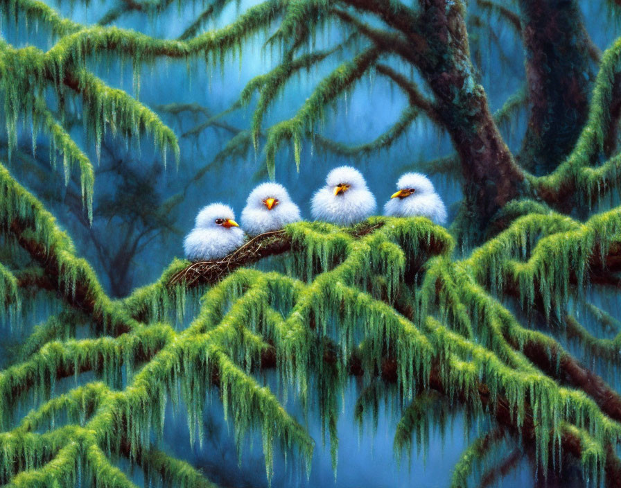 Fluffy white chicks with orange beaks in mossy nest
